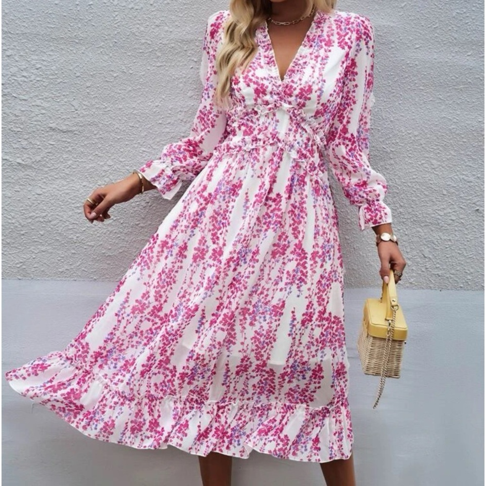 New floral ruffle hem long sleeve dress